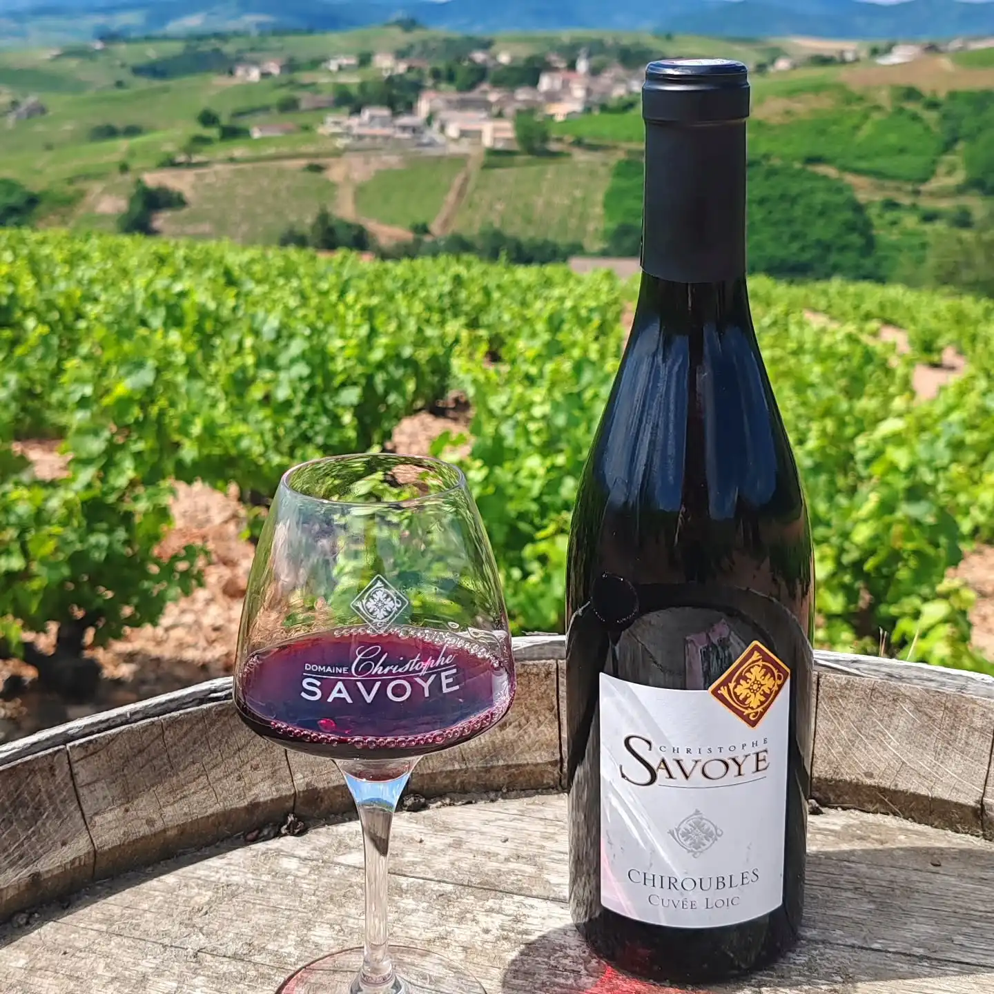 Bouteille de vin Chiroubles du Domaine Christophe Savoye au milieu des vignes