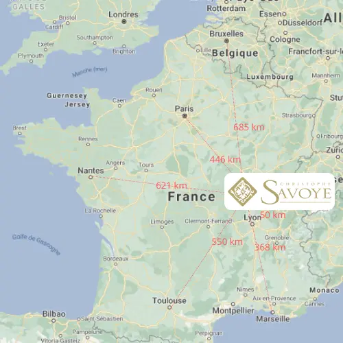 Carte de France situant le Domaine Christophe Savoye et Chiroubles